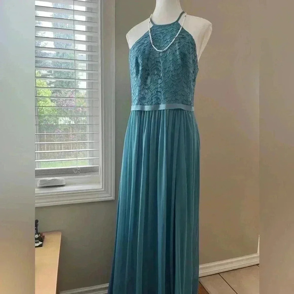 [10]Davids Bridal High Neck Laced Open Back Teal Green Bridesmaid Wedding Dresse - Picture 2 of 10